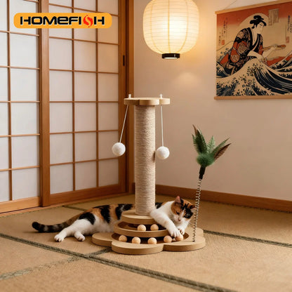 Solid Wood Cat Turntable Toy with Sisal Scratcher
