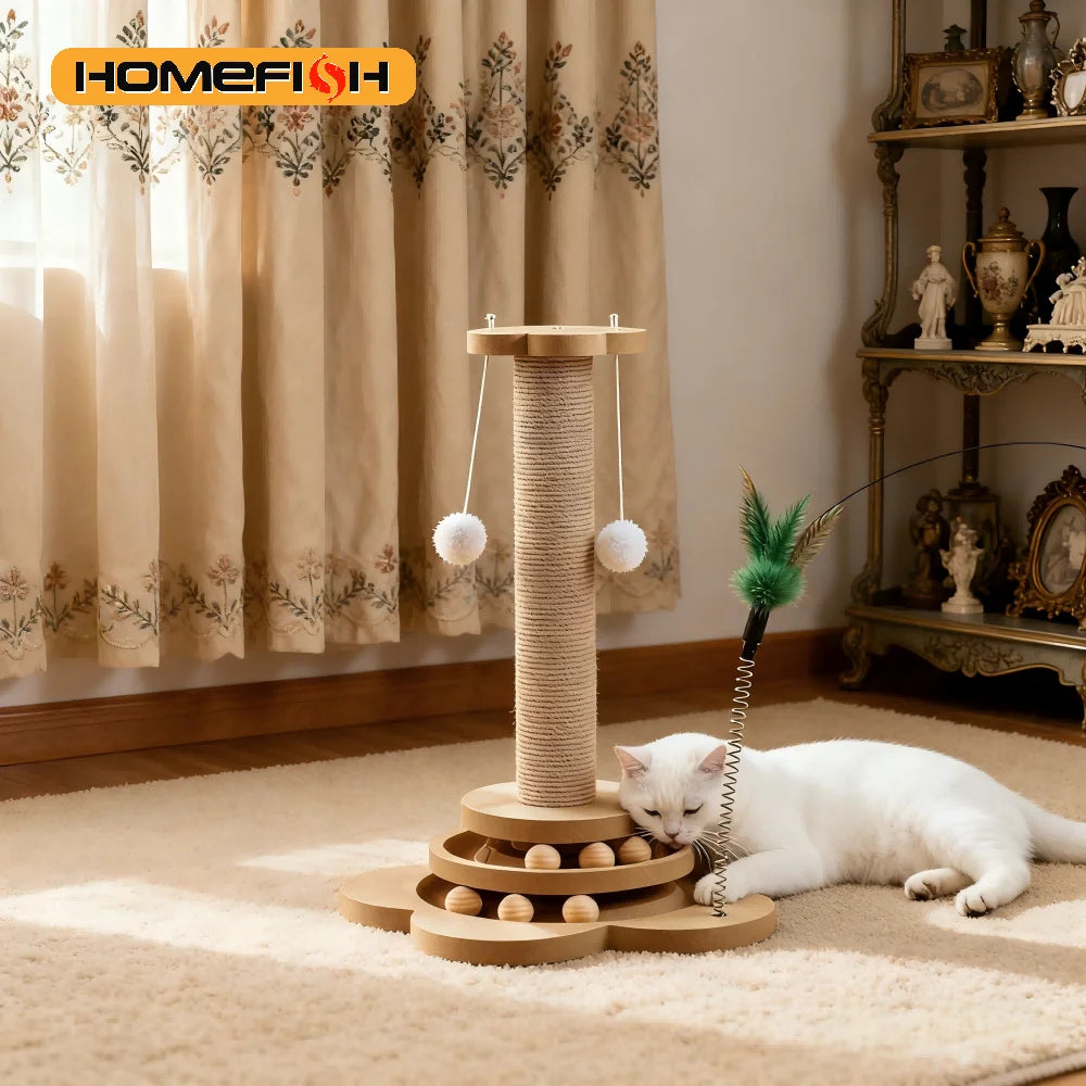 Solid Wood Cat Turntable Toy with Sisal Scratcher
